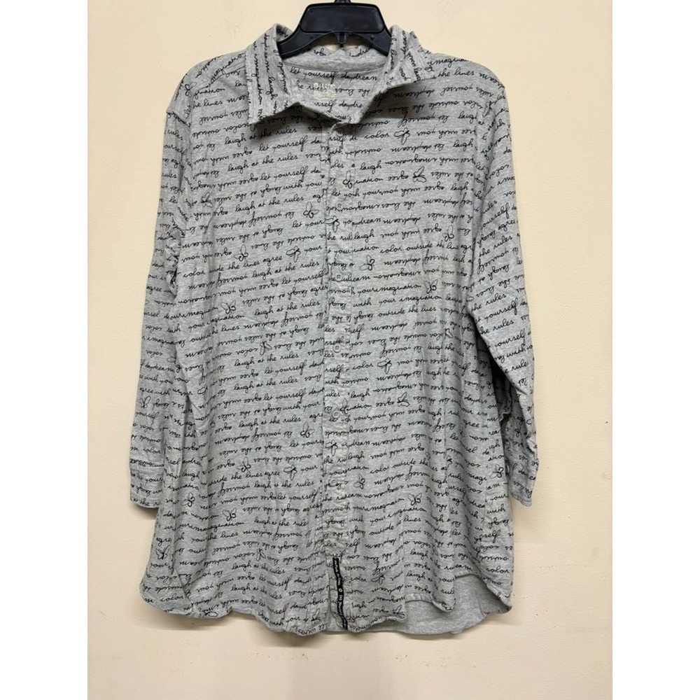 HUE Gray Script Print Button Down Top Womens Size Medium Long Sleeve Collared